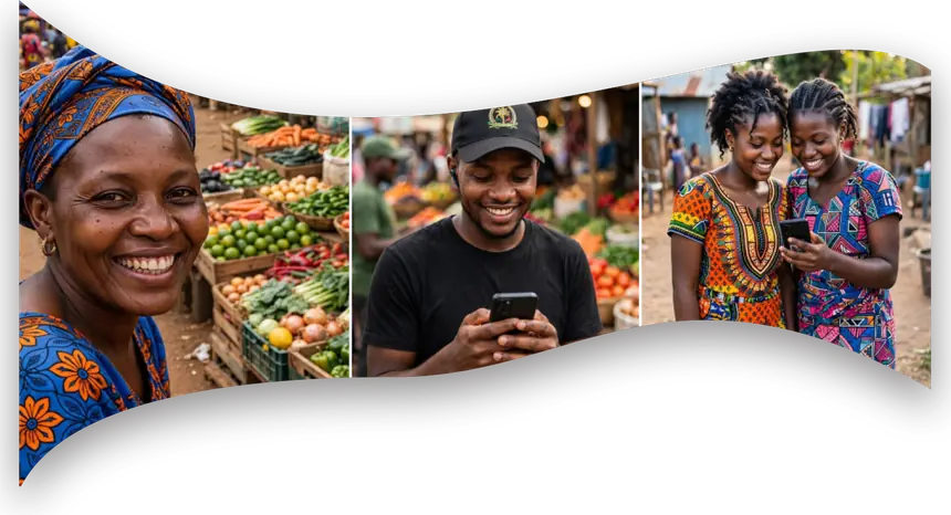 A market trader, a young man on his phone and two friends sharing a phone.