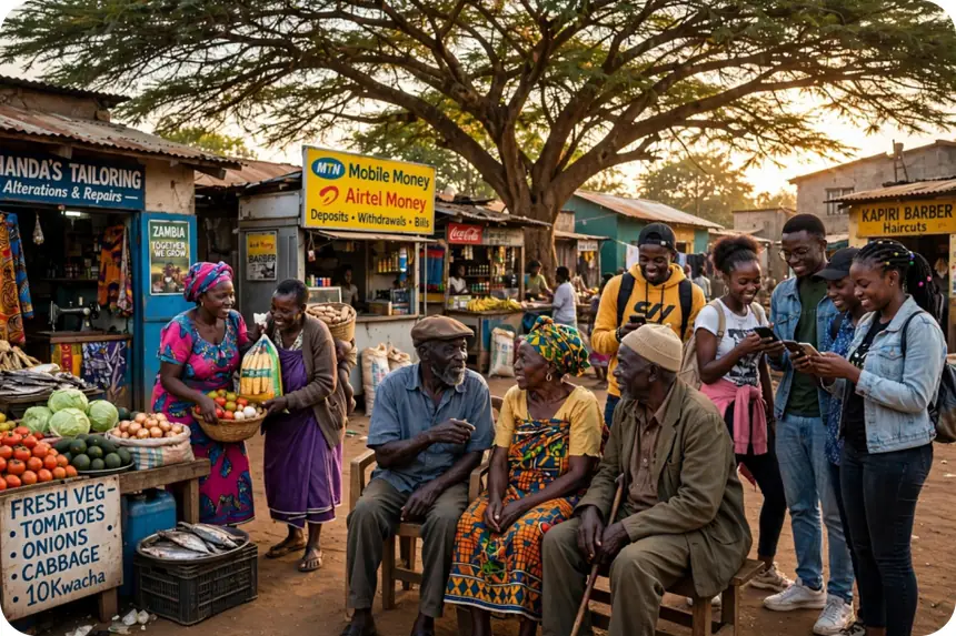 A busy compound market under a large tree, with stalls, a tailor, a mobile money booth and a barber.